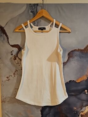 Denim&Co Cream Ribbed Double-Strap Tank Top